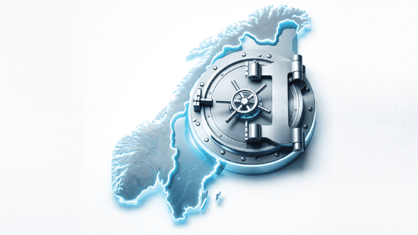 Et sikkert hvelv over et Norgeskart, som symboliserer at D-Cloud lagrer alle data trygt i Norge i samsvar med GDPR