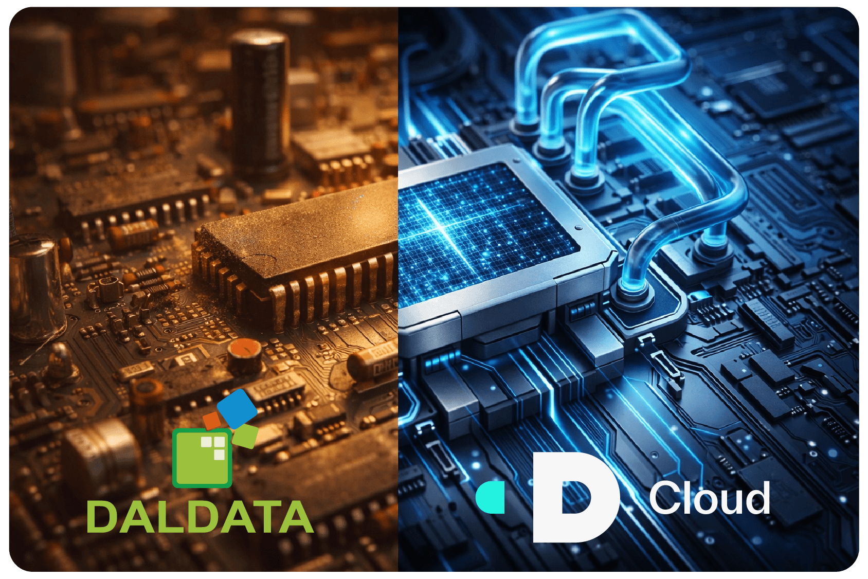 Visuell sammenligning av klassisk IT-drift fra 80-tallet og moderne skyteknologi, som viser D-Cloud og Duett sin 40 år lange historie som teknologipartner.