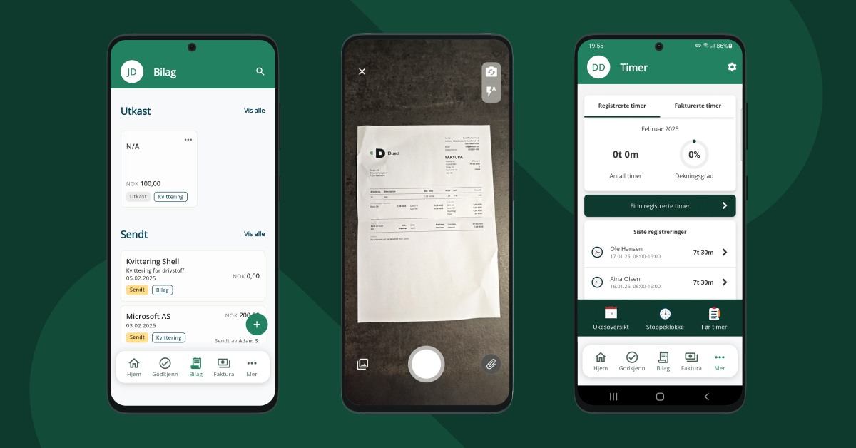 Skann bilag og registrer timer med appen